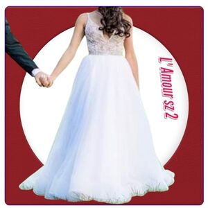L'Amour White Beaded Long Train wedding Dress